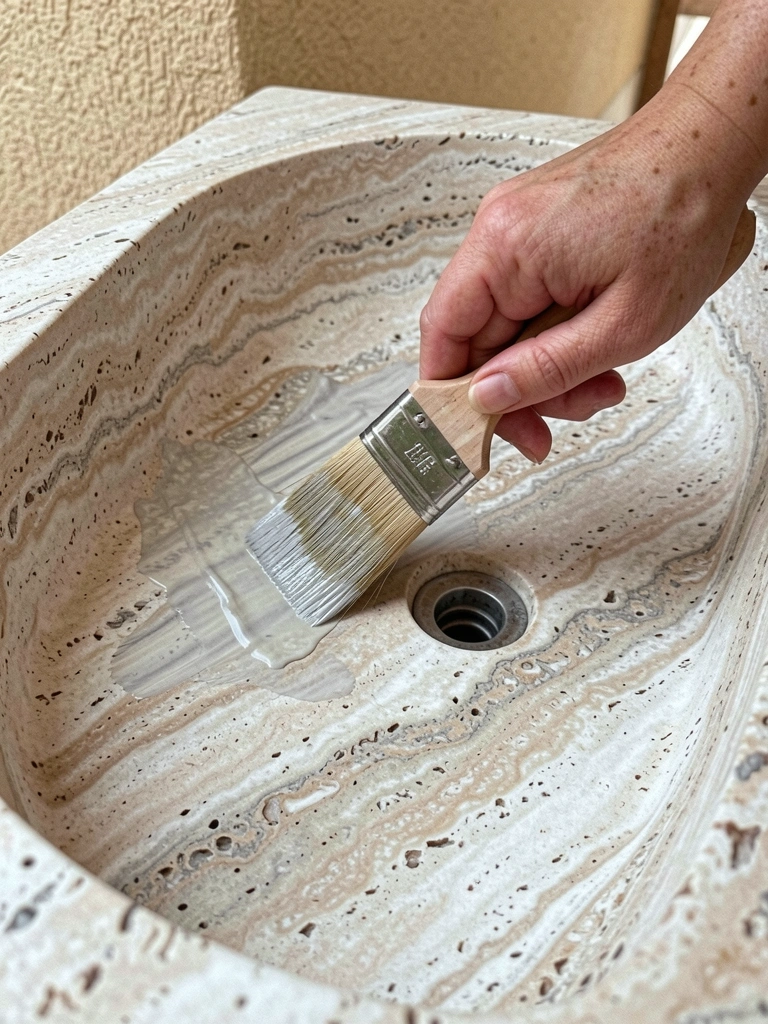 Mão segurando pincel aplicando selante líquido sobre superfície de travertino bege.