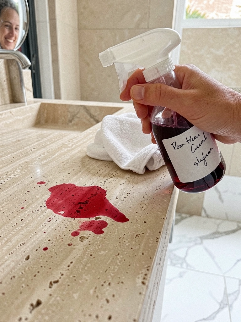 Mancha de vinho tinto sobre piso de travertino claro, com pano e borrifador ao lado.