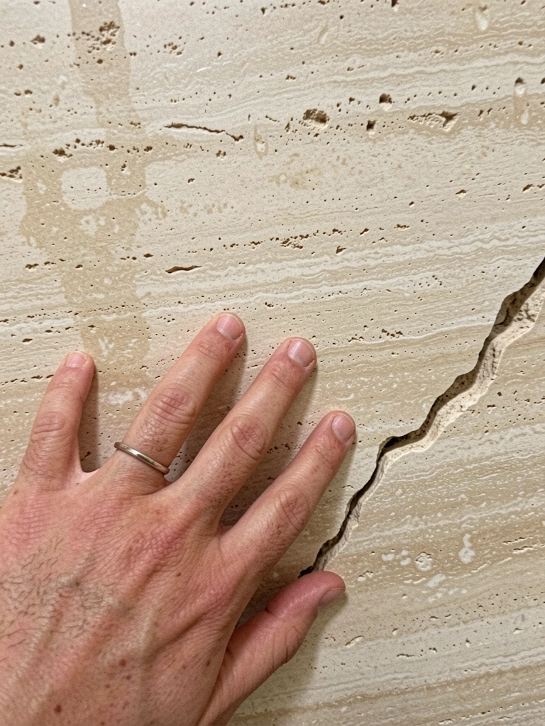 Mão tocando superfície de travertino, destacando seus poros e textura natural.