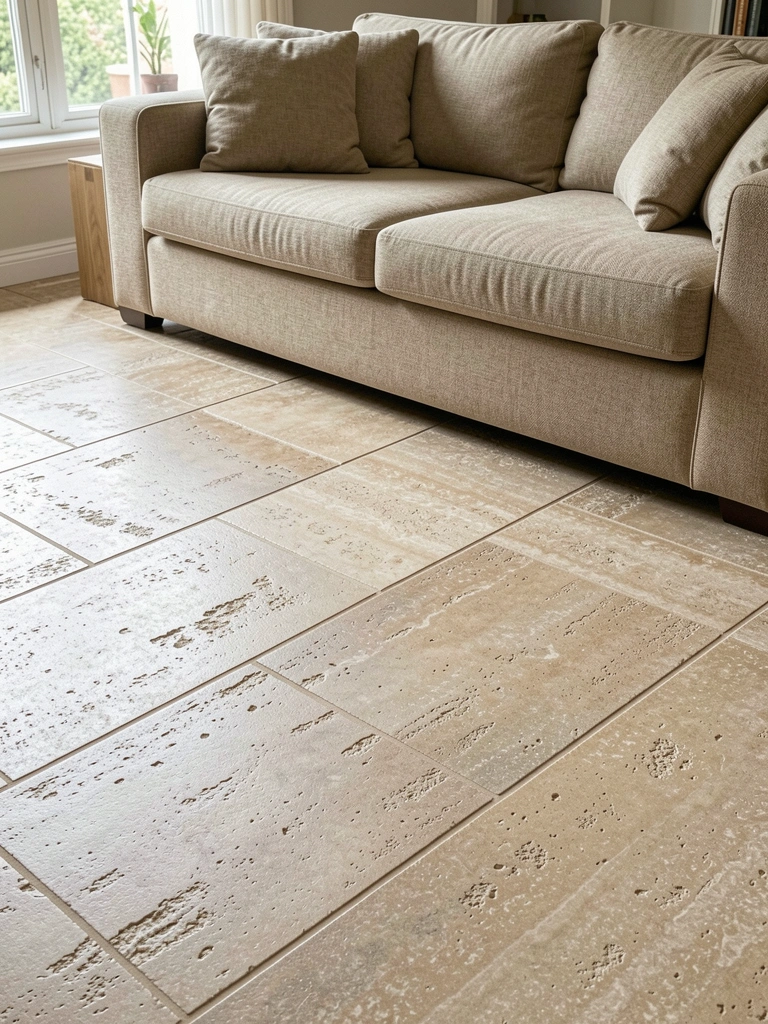 Sala de estar com piso de travertino e sofá bege, iluminação natural.