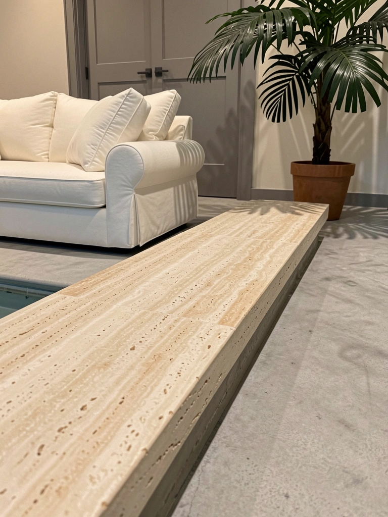 Borda de piscina com revestimento de travertino escovado, textura clara e superfície antiderrapante.