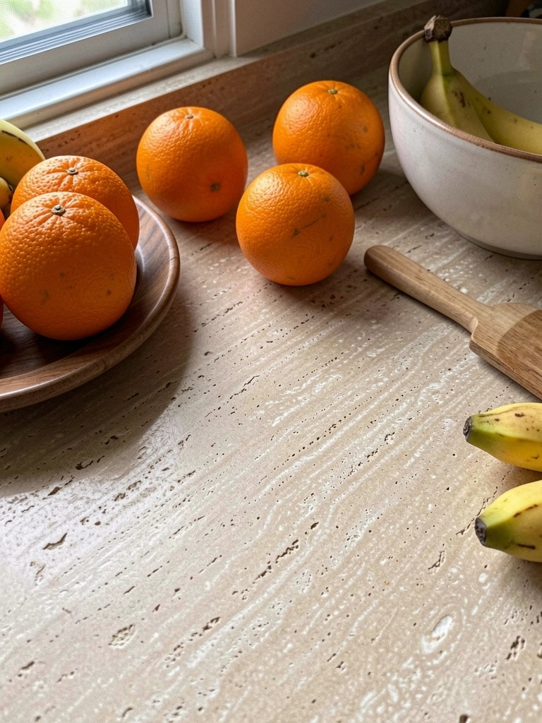 Bancada de cozinha em travertino com frutas, utensílios e iluminação natural.
