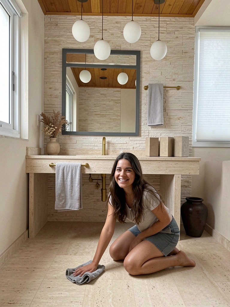 Mãos com pano úmido limpando piso de travertino bege.