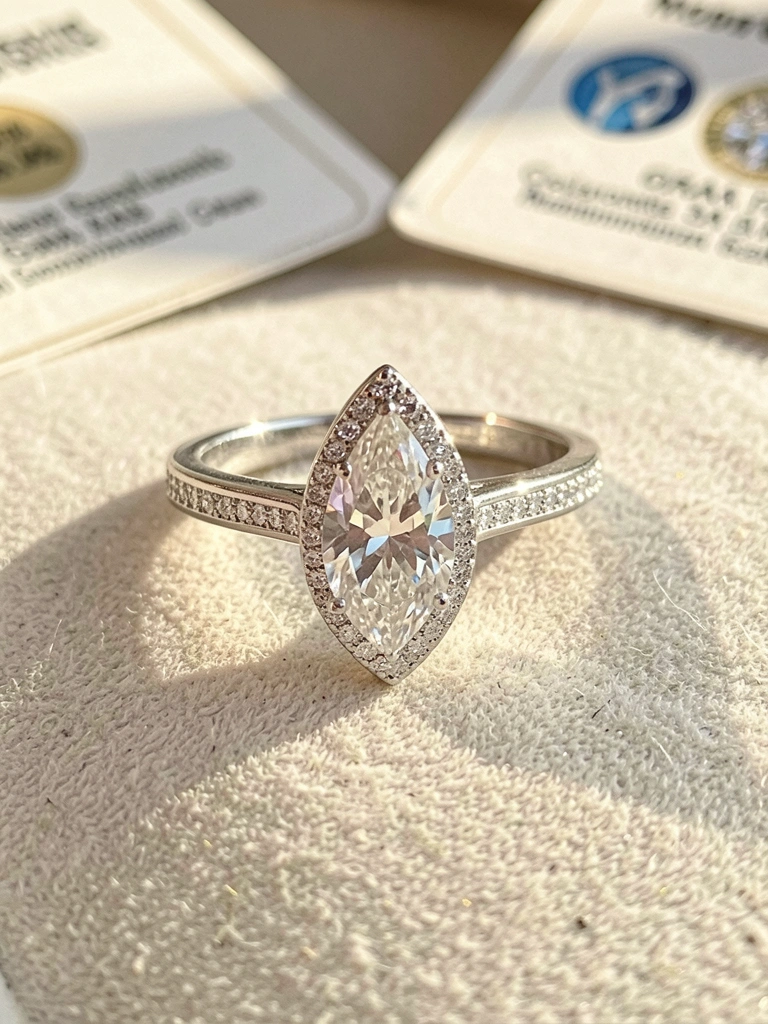 Anel de noivado com diamante marquise lapidação brilhante em anel de ouro branco moderno, sobre superfície clara iluminada por luz natural.