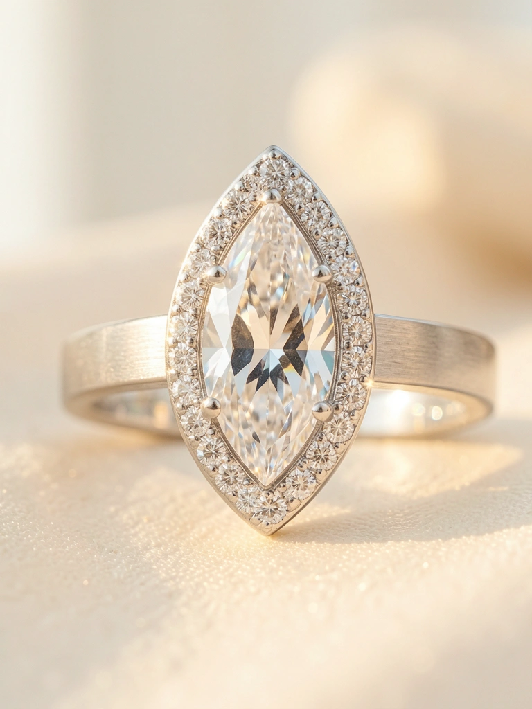 Anel de prata polido com diamante em corte marquise e halo de brilhantes, luz quente refletindo nas facetas.