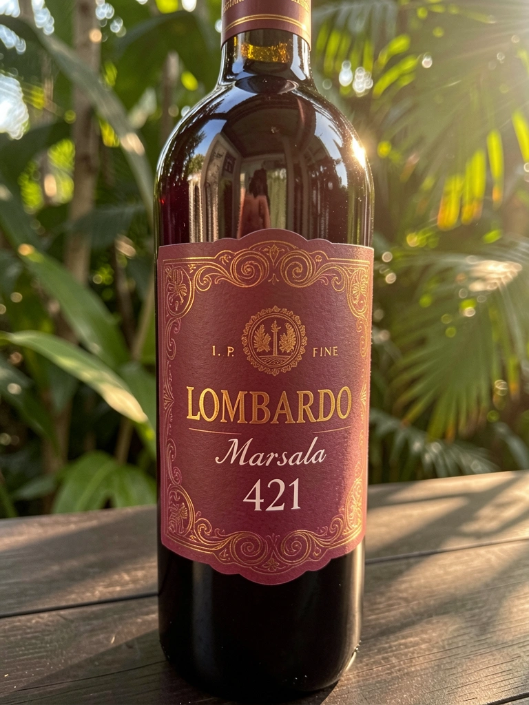 Garrafa de vinho Marsala Lombardo I.P. 421 com rótulo detalhado e letras douradas sobre superfície de madeira escura, iluminada por luz solar difusa com fundo verde de folhagens.