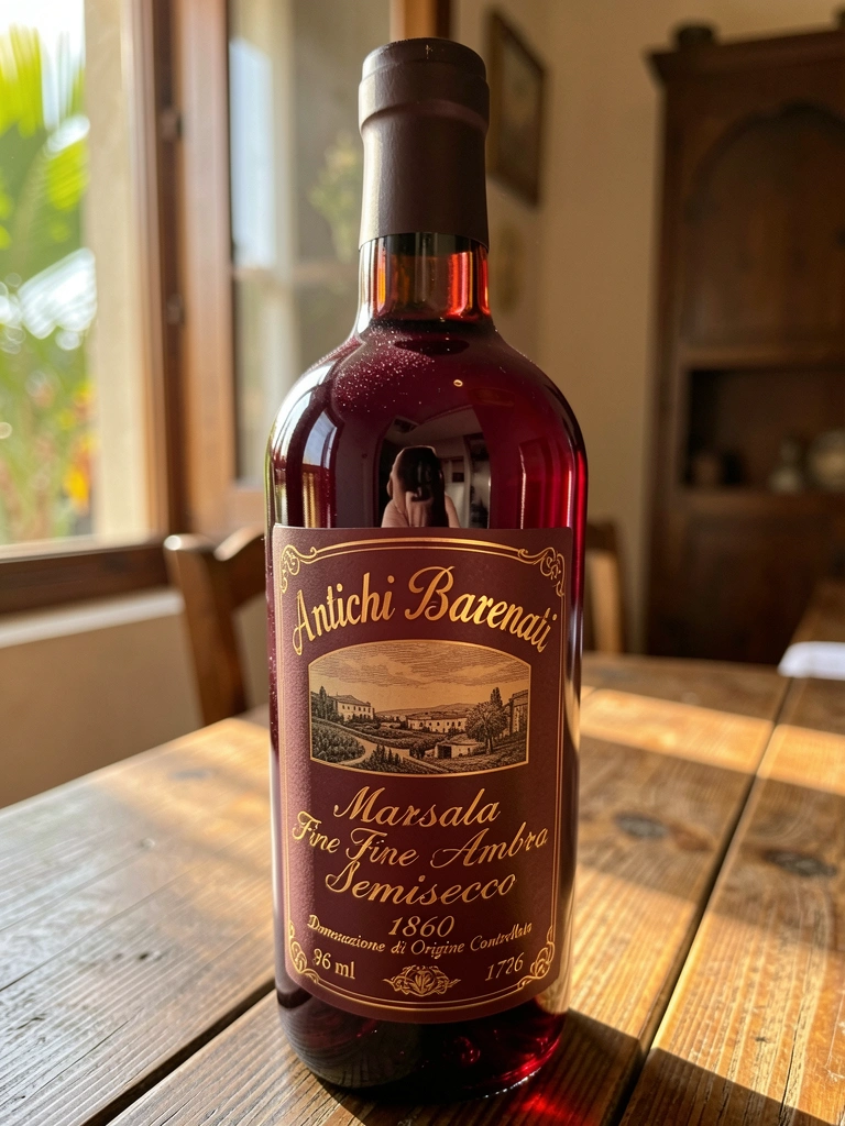 Garrafa de vinho Marsala com rótulo dourado sobre mesa rústica de madeira, luz natural filtrada e fundo desfocado.