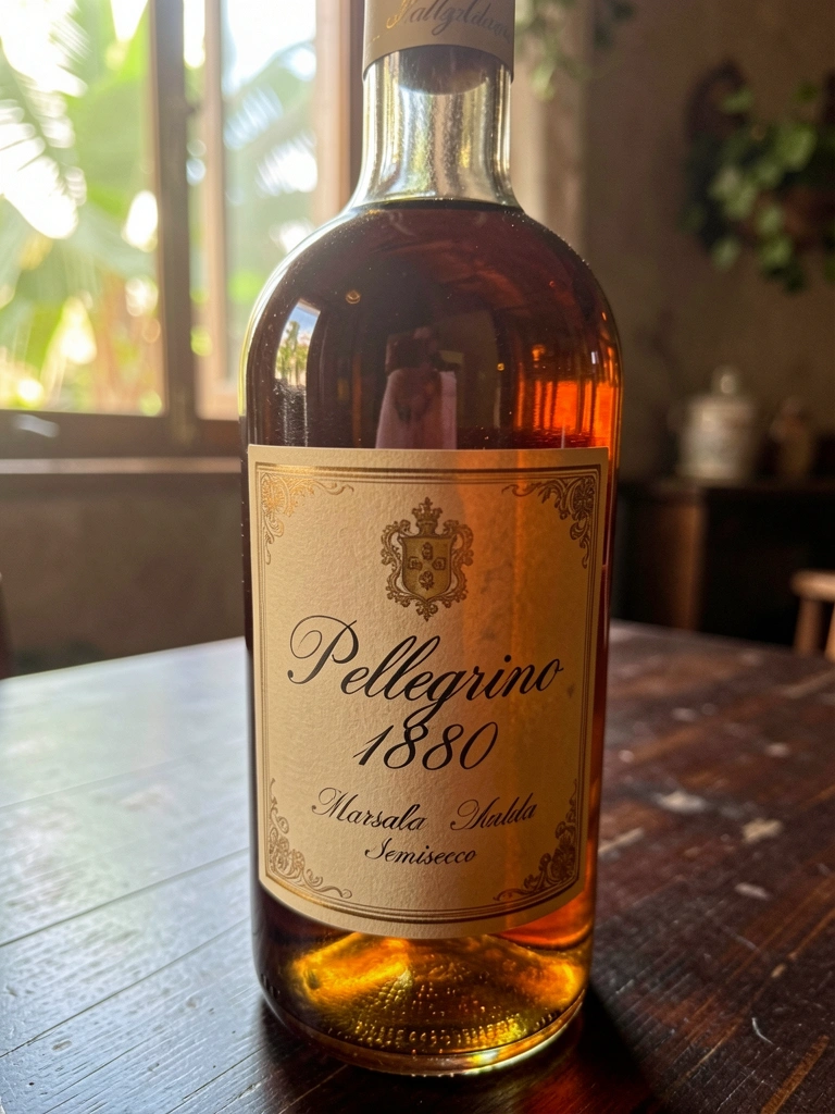 Garrafa de vinho Marsala Pellegrino 1880 em ângulo sobre mesa de madeira escura, líquido âmbar e rótulo vintage com iluminação natural suave.
