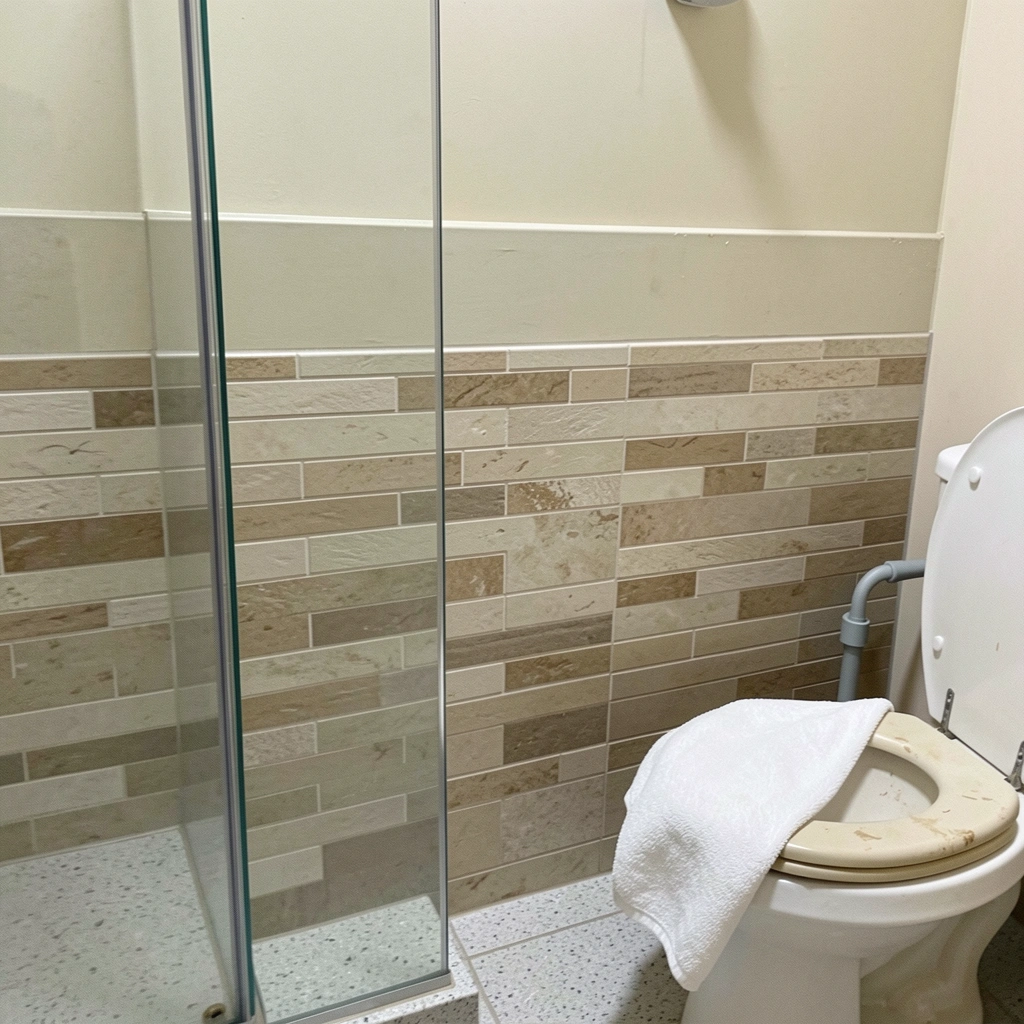 Meia parede de alvenaria aparente com box de vidro em banheiro moderno, bancada de mármore e torneira preta.