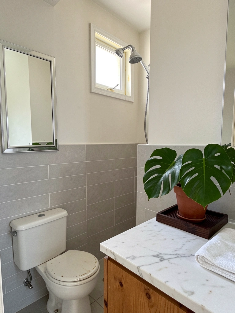 Banheiro com meia parede de azulejos brancos e box de alvenaria, criando sensação de amplitude.