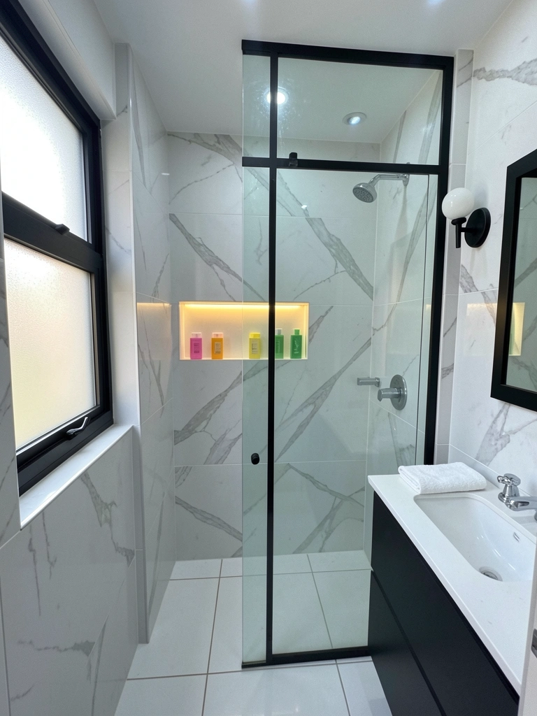 Banheiro com chuveiro e meia parede revestida de porcelanato claro, box de alvenaria e piso antiderrapante.
