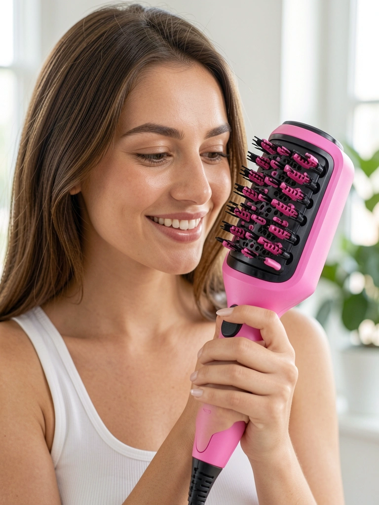 Mulher segura escova secadora rosa com cerdas rotativas perto do rosto, sorrindo, fundo desfocado com janela e plantas.