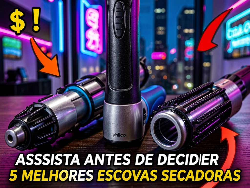 Três escovas secadoras Philco em preto e prata, com detalhes azul e roxo, sobre mesa de madeira escura com luzes de cidade ao fundo.