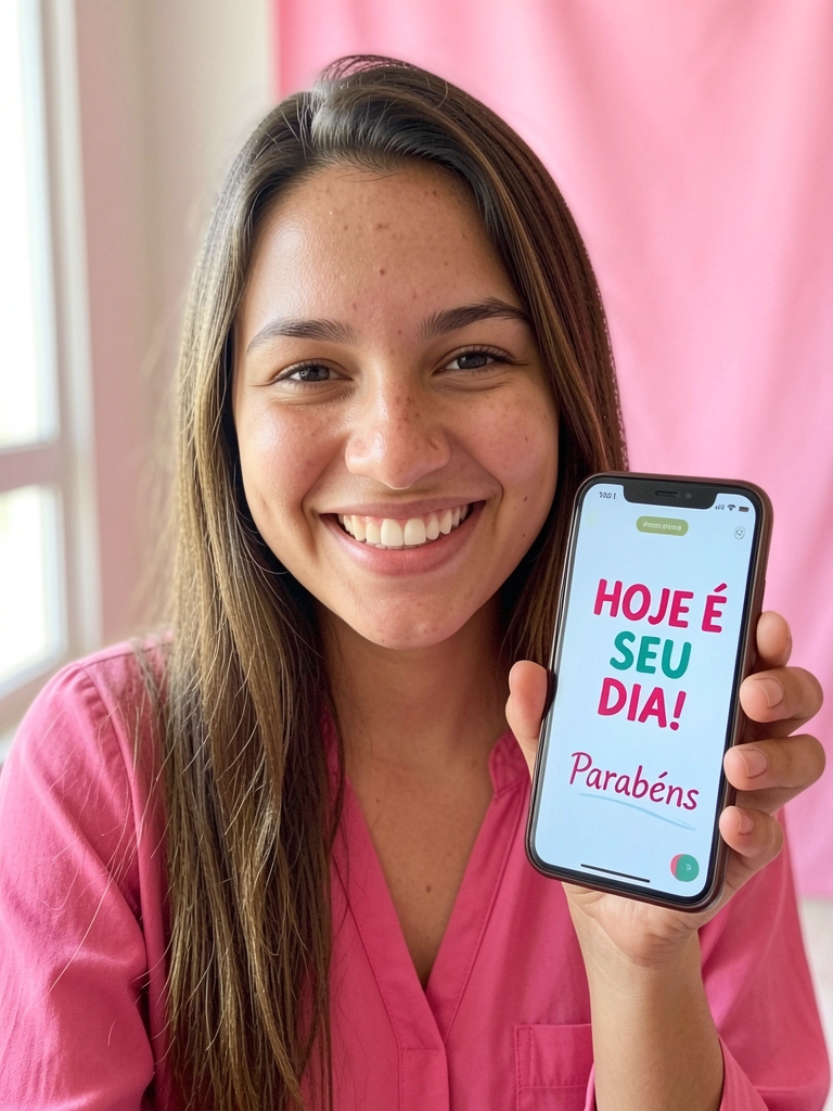 Mulher sorrindo segurando telefone com mensagens de aniversário na tela.