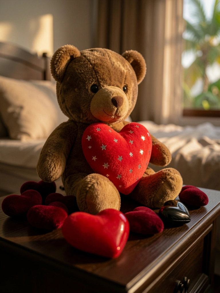 Urso de pelúcia marrom sobre criado-mudo escuro, coração vermelho com estrelas prateadas no peito, pequenos corações vermelhos e pretos espalhados, luz quente de fundo.