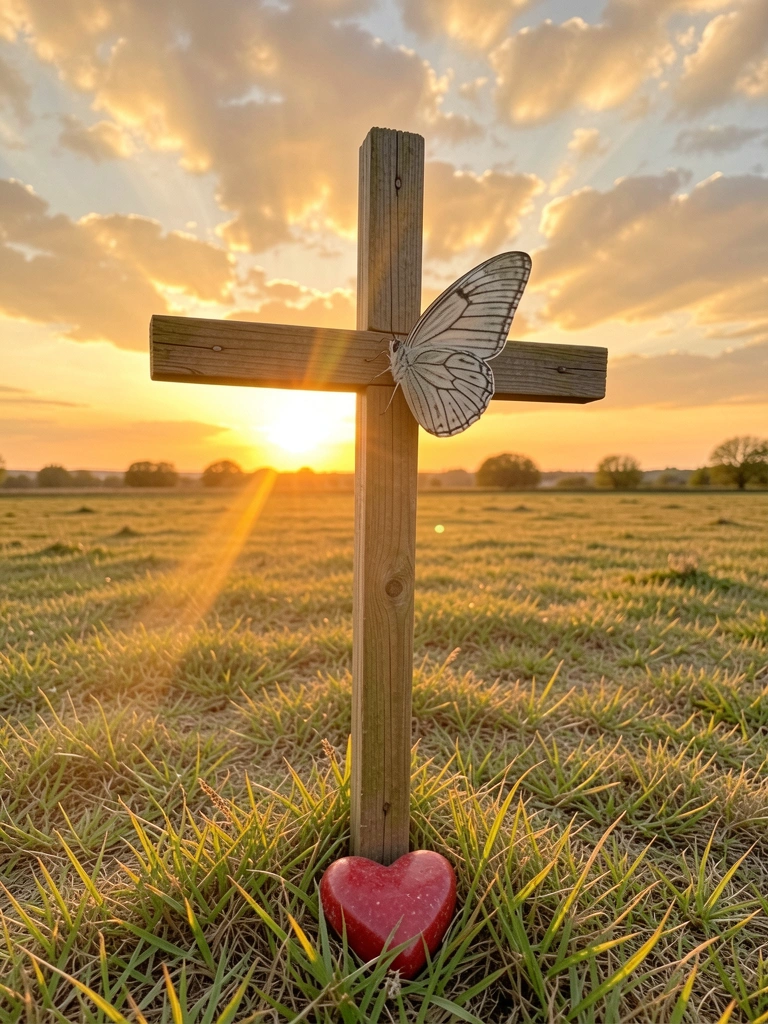 Cruz iluminada por raios de sol ao amanhecer, com céu dourado ao fundo.