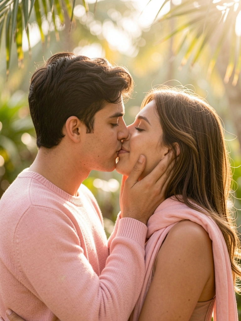 Dois jovens se beijando, um de suéter rosa claro e outro de cachecol rosa, luz quente e folhagens ao fundo.
