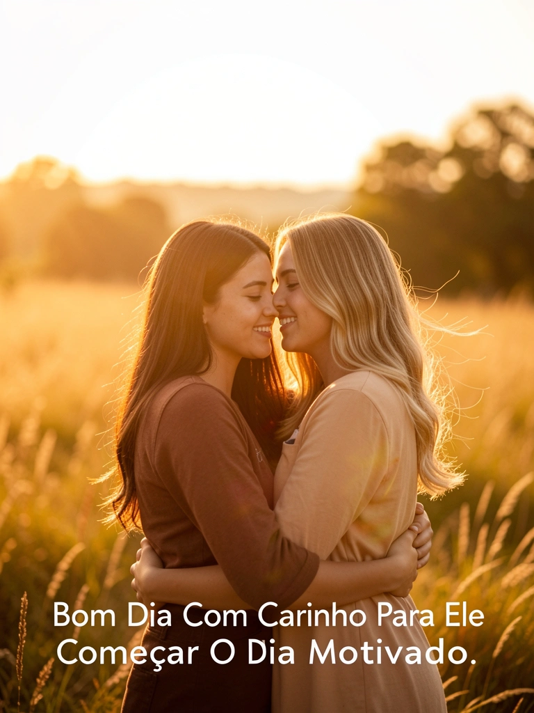 Duas jovens se abraçam em um campo ensolarado, luz dourada do entardecer, foco suave e paisagem com árvores ao fundo.