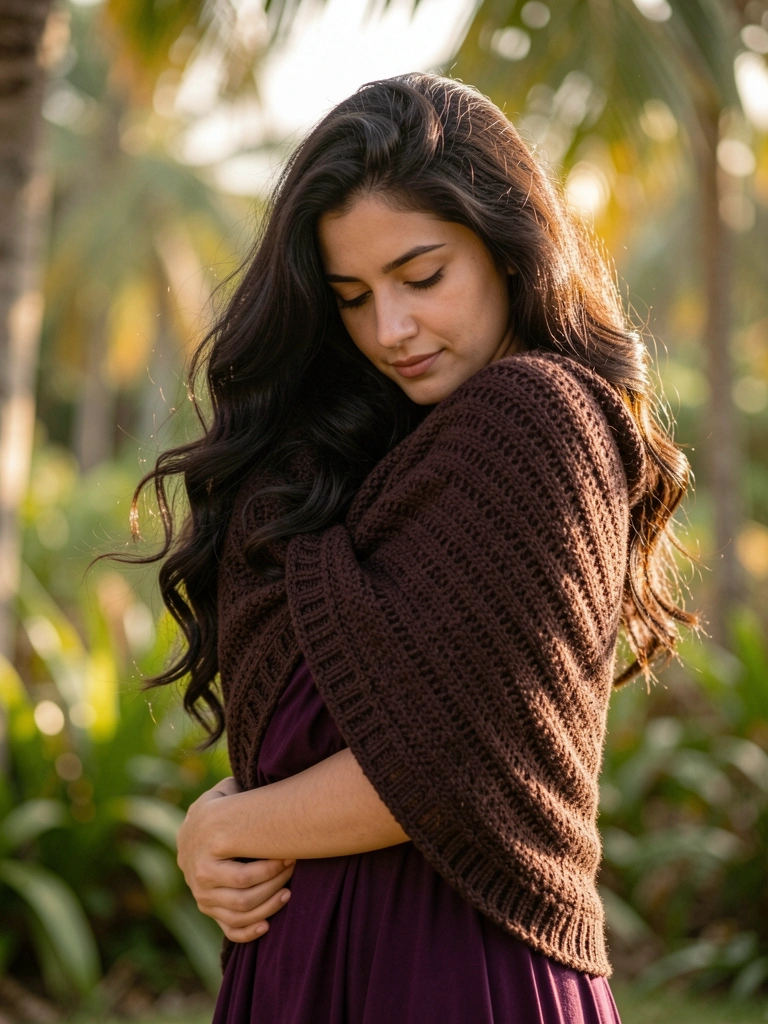 Mulher com cabelo cacheado escuro, xale marrom e vestido roxo, abraçando-se, luz difusa filtrada por folhagens tropicais desfocadas.