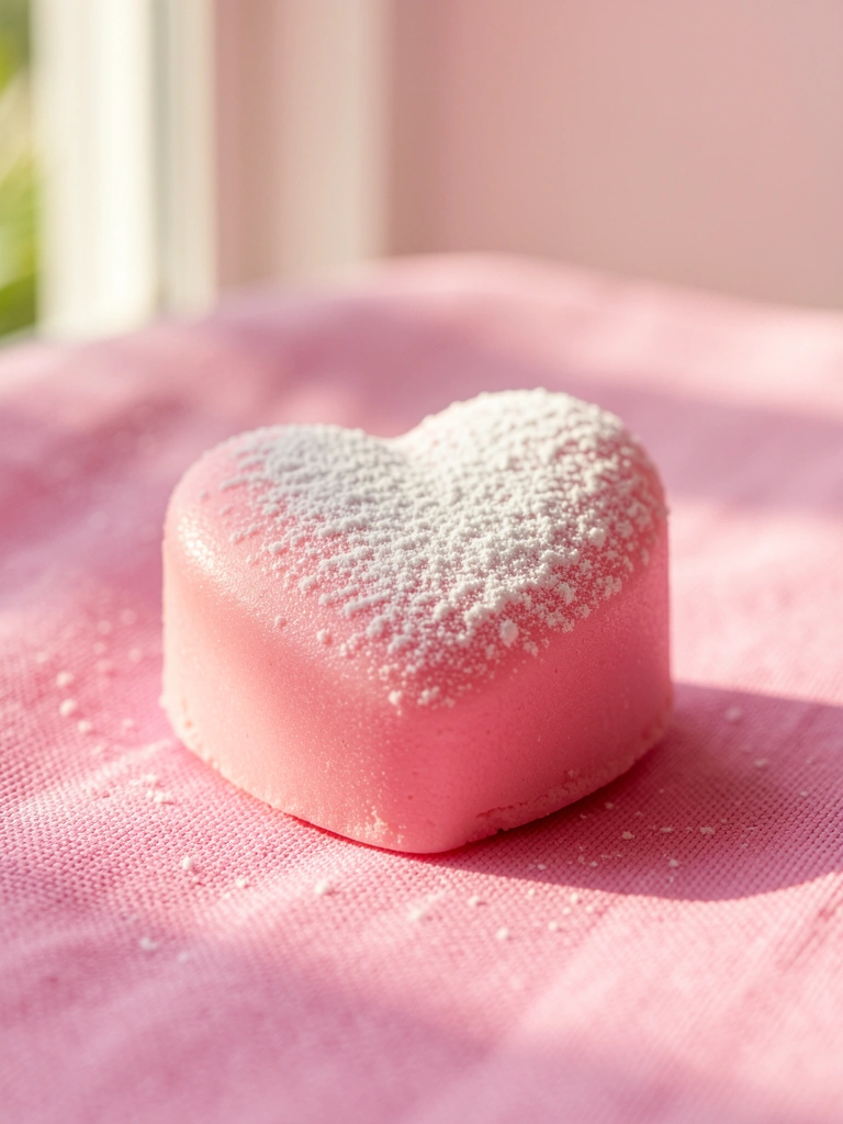 Doce coração rosa polvilhado com açúcar sobre tecido texturizado rosa, luz natural suave e fundo desfocado.