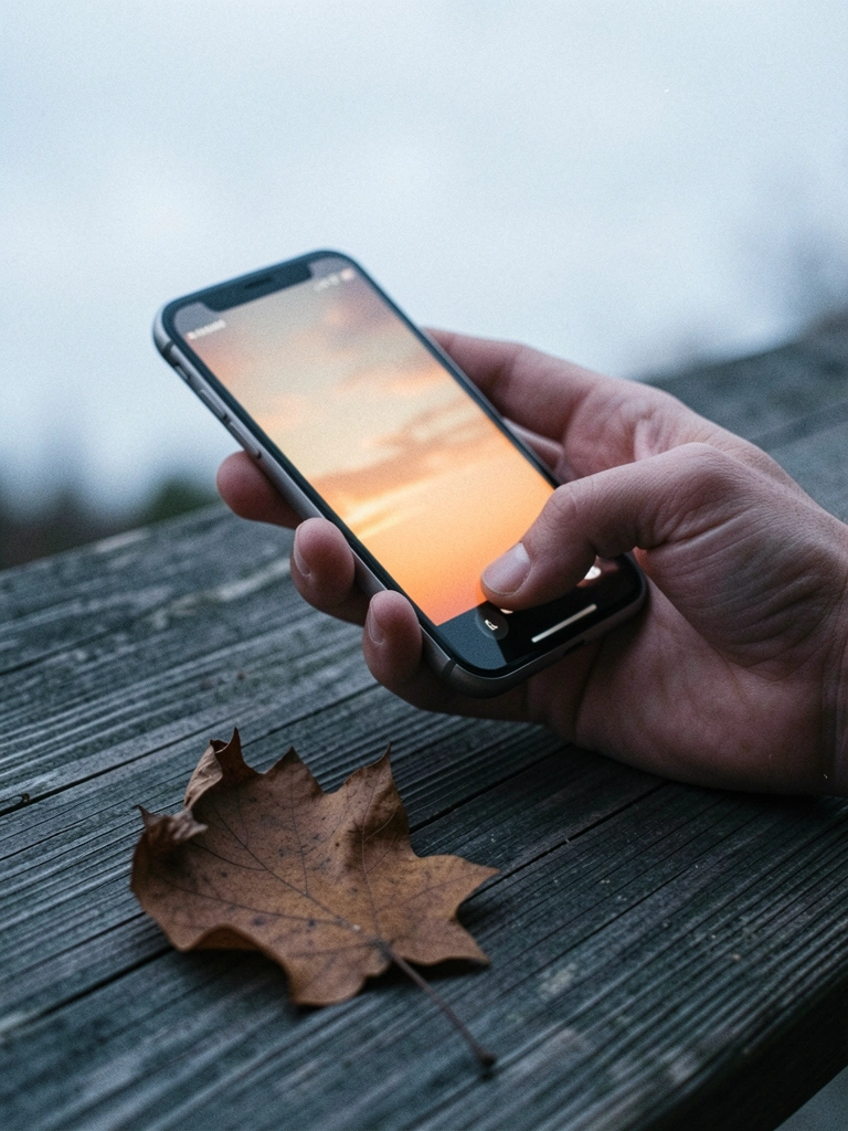 Mão segurando celular com tela de mensagem de bom dia, fundo com luz do amanhecer.
