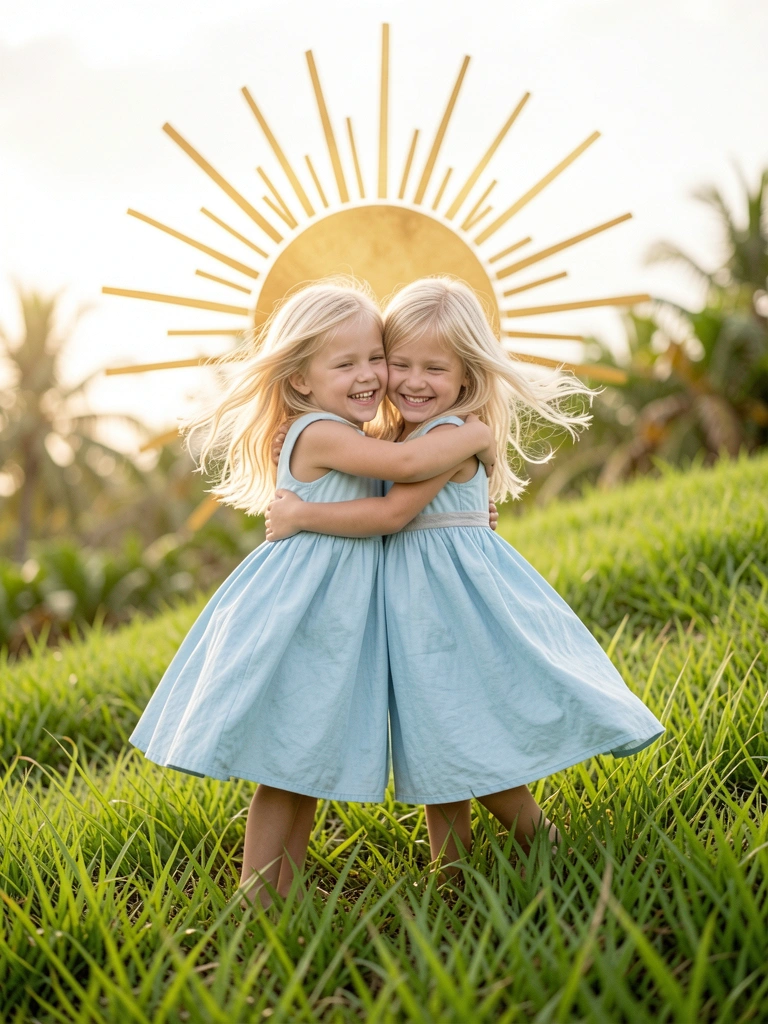 Duas meninas loiras de vestido azul claro se abraçam em colina verde sob sol com raios dourados.