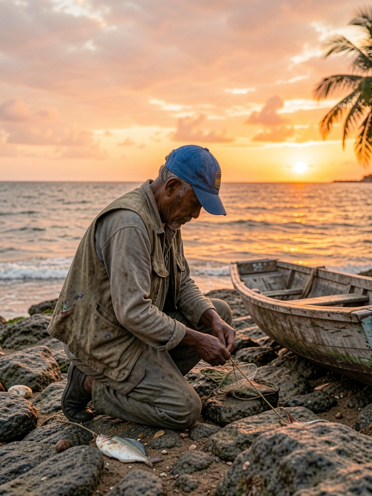 Pescador de chapéu azul e colete desgastado ajoelhado em praia rochosa ao pôr do sol, barco de madeira próximo, mar com tons de laranja e dourado.