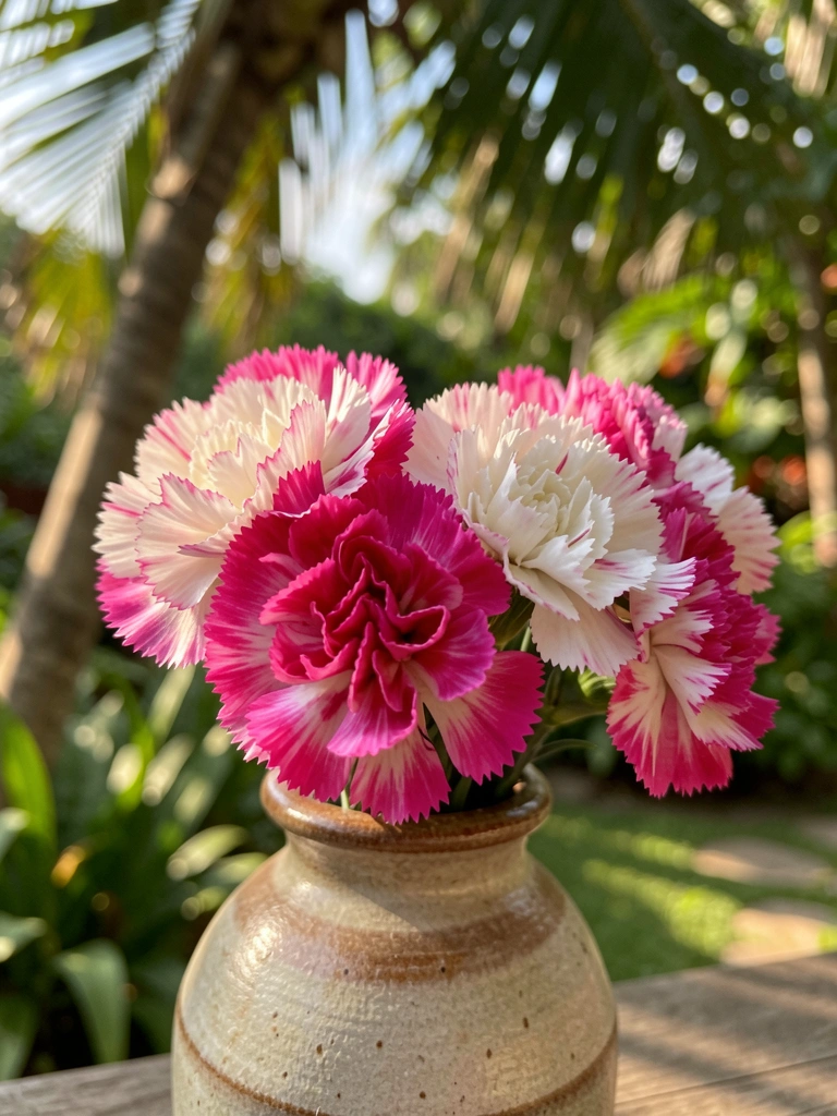 Vaso rústico de cerâmica com cravos rosa e brancos, luz natural quente e fundo de jardim desfocado com folhas de palmeira.