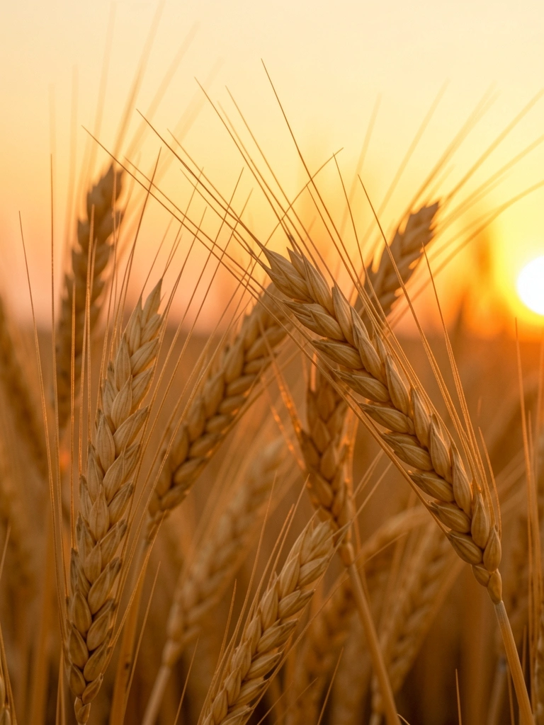 Espigas de trigo douradas em close, com luz de pôr do sol quente e fundo laranja desfocado.
