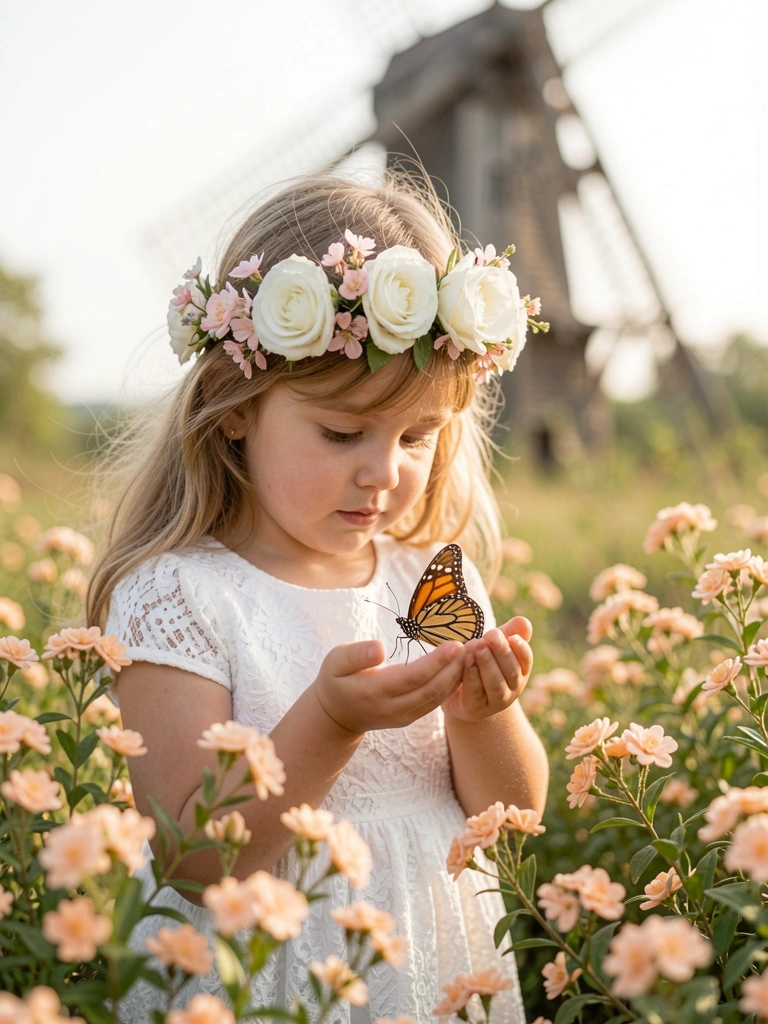 Garota de vestido branco e coroa floral segura borboleta entre mãos, flores pêssego e moinho de madeira desfocado ao fundo, luz natural difusa.