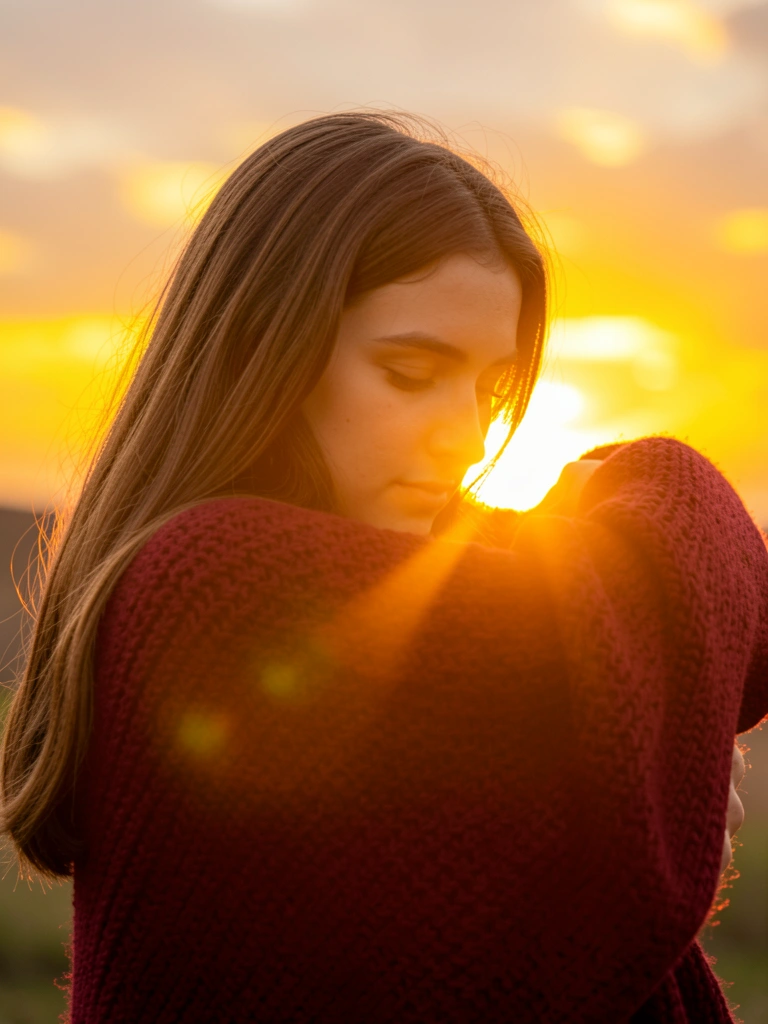 Mulher de cabelo castanho em xale bordô abraça luz dourada do pôr do sol com textura de malha e bokeh quente.