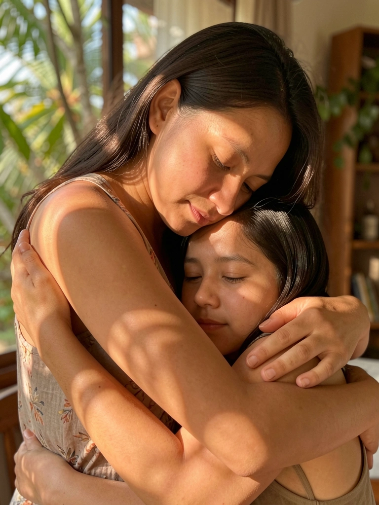 Duas mulheres se abraçam em close, uma inclina a cabeça sobre a outra, luz natural filtra por janela com folhas, fundo desfocado.