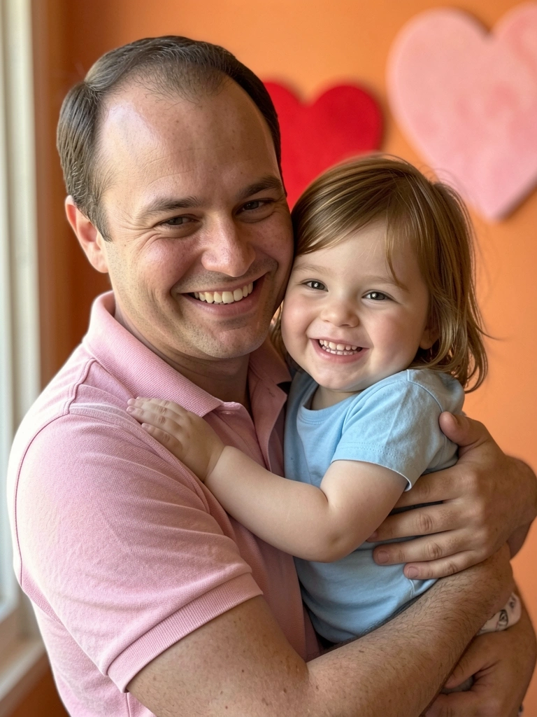 Pai abraça a filha sorrindo, com corações ao fundo.