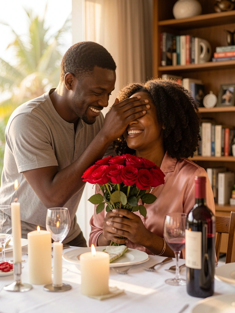 Homem negro sorrindo cobre os olhos de mulher negra com buquê de rosas vermelhas, mesa com toalha branca, velas e vinho, estante desfocada ao fundo com luz solar difusa.