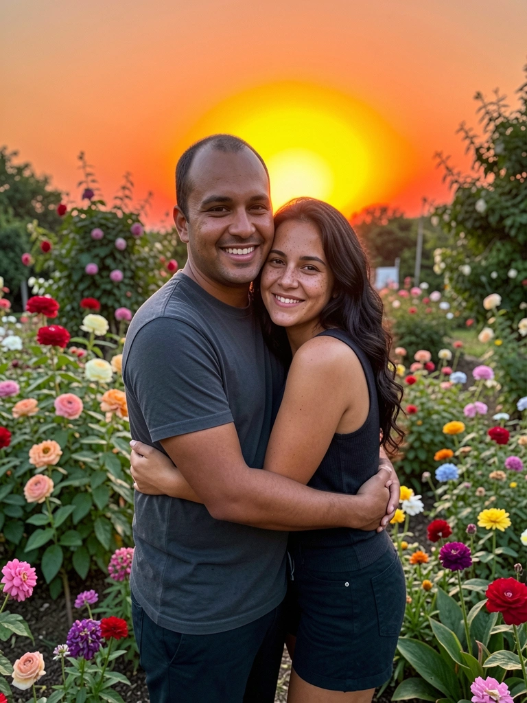 Casal abraçado em jardim florido, com flores coloridas ao redor.