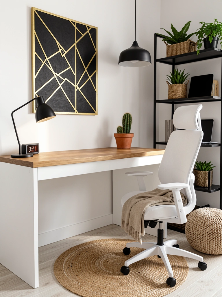 Mesa branca com tampo de madeira, cadeira ergonômica branca e estante preta com plantas e cesto, luz natural.