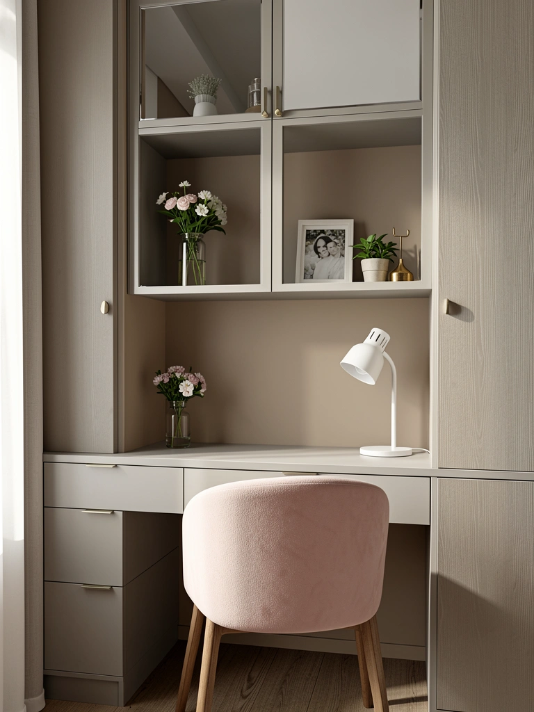 Mesa de madeira clara com gavetas, cadeira estofada rosa-claro e luminária branca sob armários com portas espelhadas e prateleiras com vaso de flores, moldura e planta.
