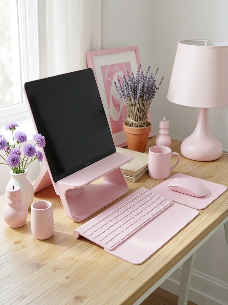 Mesa de madeira com laptop rosa claro, teclado e mouse rosa, vaso com flores roxas e luminária rosa, luz natural.