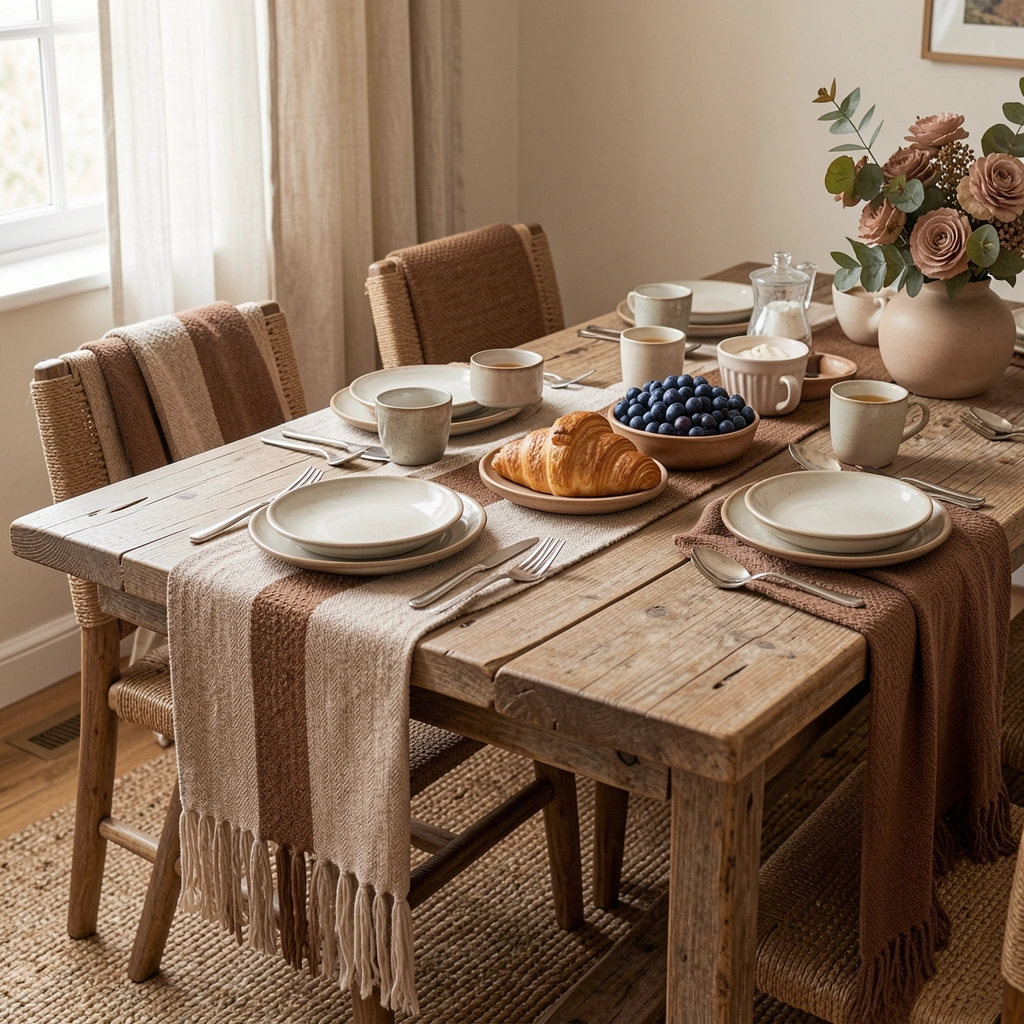 Mesa de madeira rústica com cadeira de palha trançada, louça branca e croissants sobre a superfície.