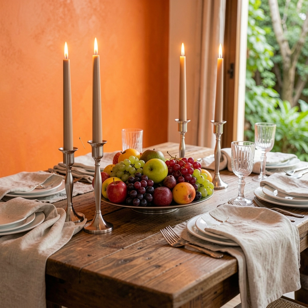 Mesa de madeira clara com frutas frescas, velas altas em castiçais de metal escovado e toalha de linho cru.