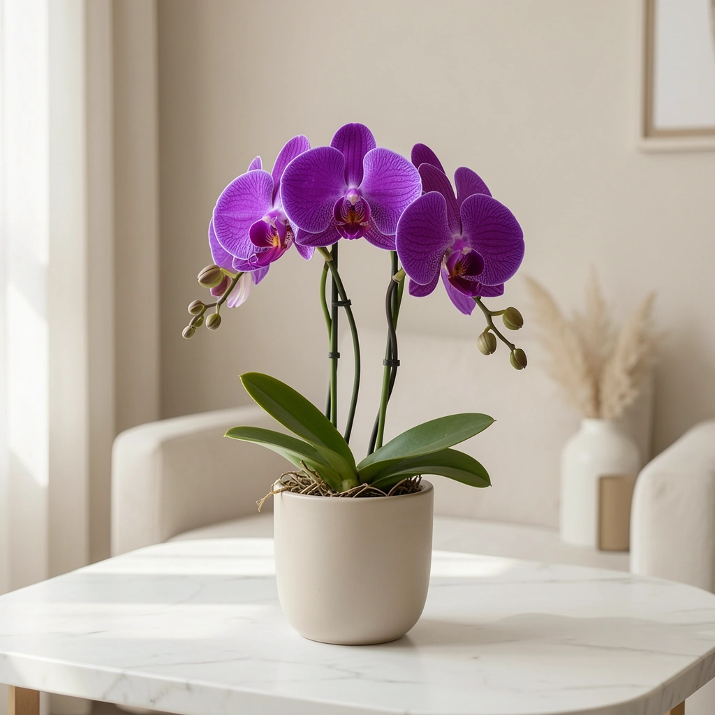 Mesa de madeira clara com orquídea roxa em vaso branco, luz natural suave.