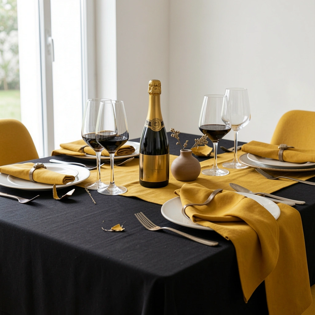 Mesa preta com detalhes em mostarda, garrafa de champanhe dourada e vaso pequeno sob luz natural.