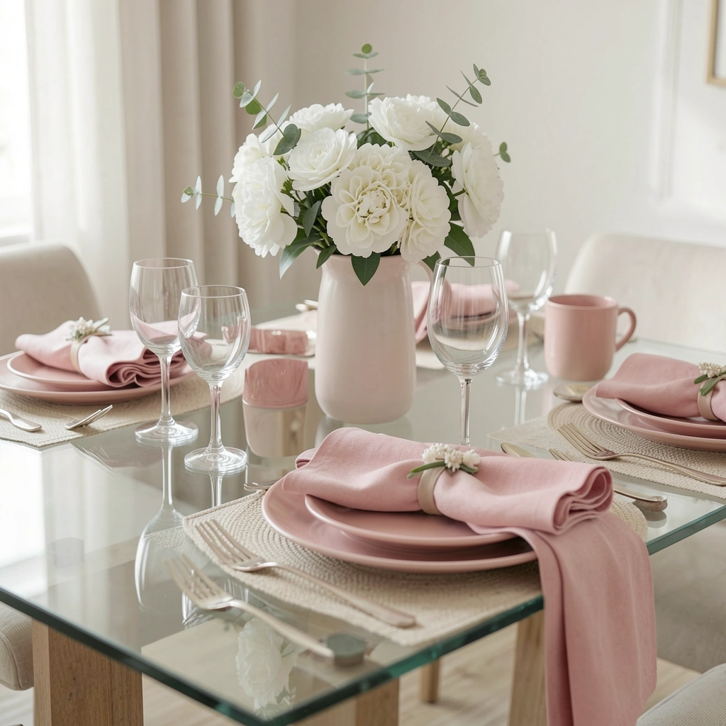 Mesa de vidro transparente com guardanapos rosados, vaso de flores brancas e cerâmica rosa sobre tampo claro.