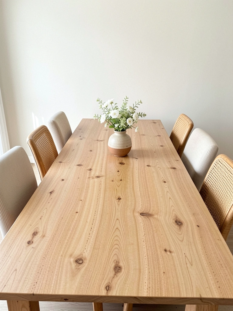 Mesa de madeira pequiá com tampo retangular e cadeiras estofadas Vegas em sala iluminada por luz natural.