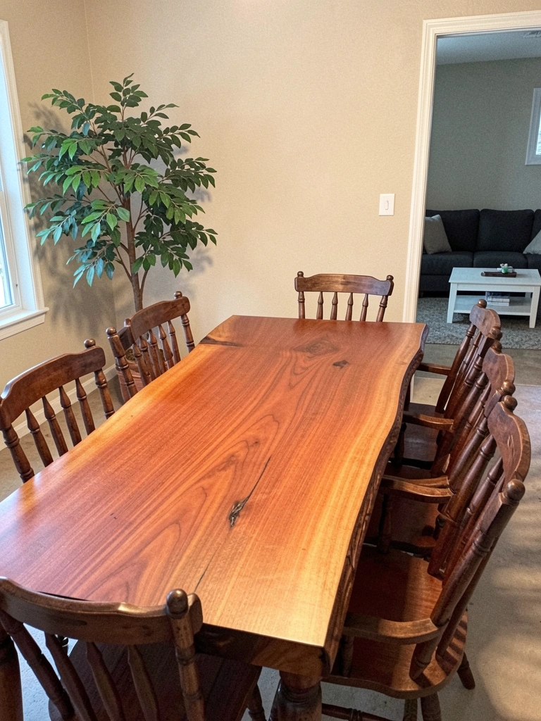 Mesa de eucalipto com tampo retangular e cadeiras de madeira torneadas em estilo rústico.