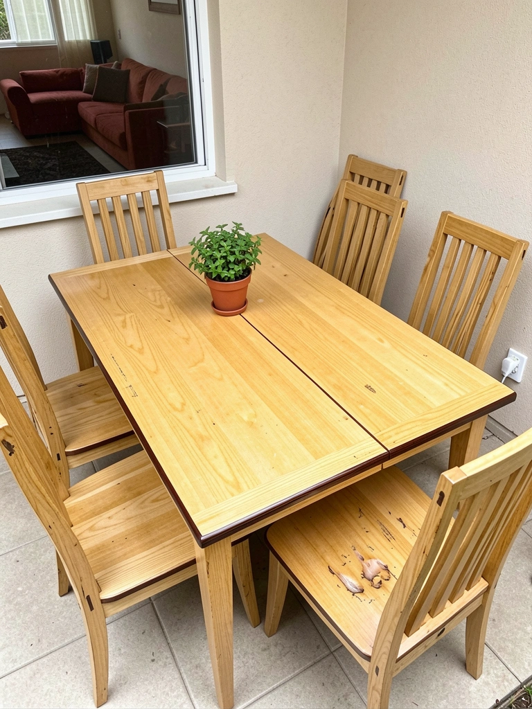 Mesa extensível de madeira maciça com tampo claro e cadeiras extras empilhadas ao lado.