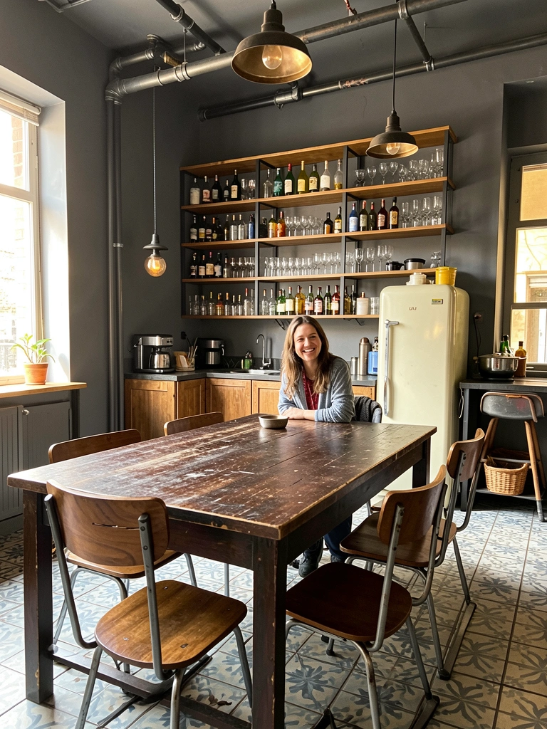 Mesa de madeira escura com cadeiras de metal, prateleiras com garrafas e geladeira vintage, luz natural e sorriso de mulher.