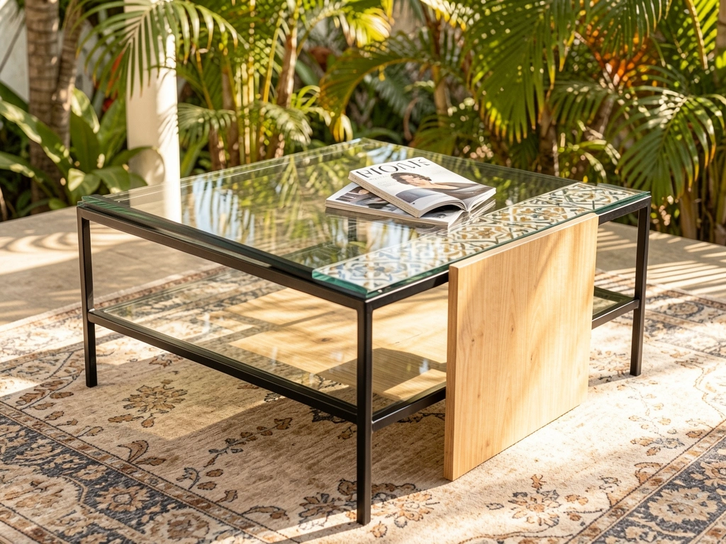 Mesa de centro preta com tampo de vidro e base de madeira clara, sobre tapete estampado, revista e luz natural do dia.
