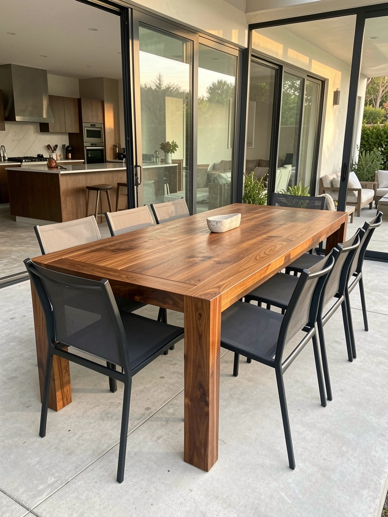 Mesa de madeira maciça de 12 pés com cadeiras pretas de malha, luz natural difusa e pátio de concreto ao fundo.