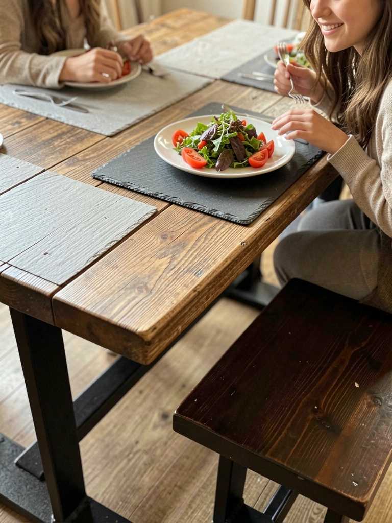 Mesa de madeira rústica com pisa de ardósia cinza claro e escuro, prato branco com salada e tomates, banco de madeira com pés de metal preto, luz natural difusa destacando texturas.
